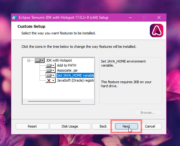 Screenshot of OpenJDK installer
